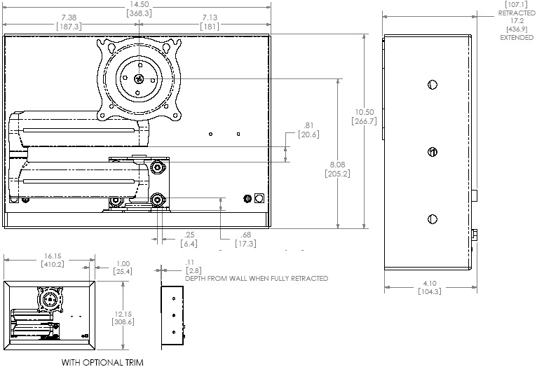 Technical Drawing of Chief FWDIW Small In-wall Swing Arm Mount