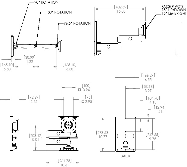 Technical Drawing of Chief FWDSK-100 Small Steel Stud Dual Swing Arm Wall Mount