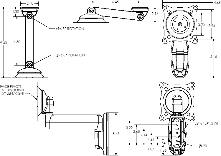 Technical Drawing of Chief FWSV Small Single Swing Arm Wall Mount