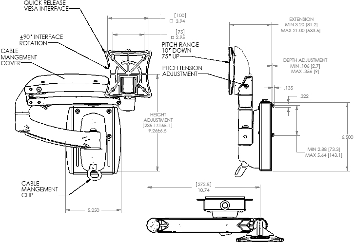 Technical Drawing of Chief K1S100S or K1S100B KONTOUR Dynamic Slat Wall Mount for Single Monitor