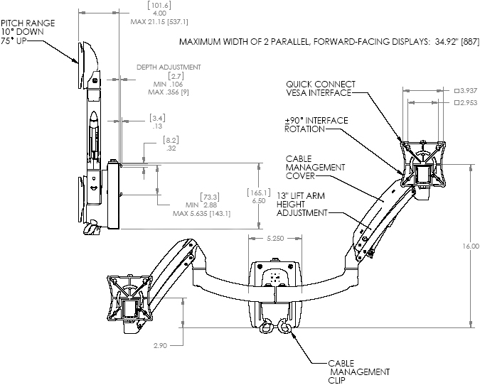 Technical Drawing of Chief K1S200S or K1S200B KONTOUR Dynamic Slat Wall Mount for Dual Monitors