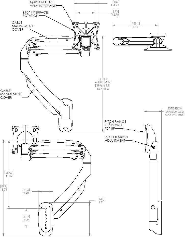 Technical Drawing of Chief K1W100S or K1W100B KONTOUR Dynamic Wall Mount for Single Monitor