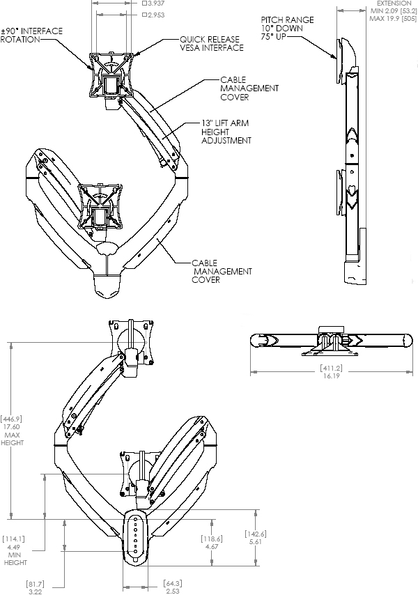 Technical Drawing of Chief K1W200S or K1W200B KONTOUR Dynamic Wall Mount for Dual Monitors