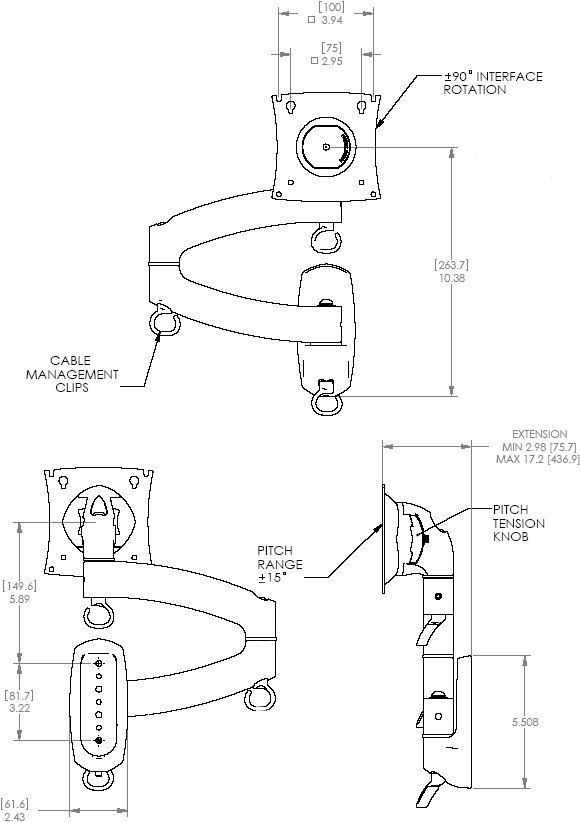 Technical Drawing of Chief K2W100S or K2W100B KONTOUR Dual Arm Wall Mount for Single Monitor