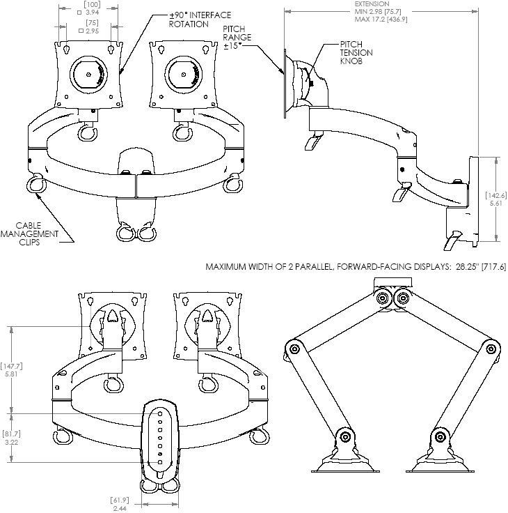 Technical Drawing of Chief K2W200S or K2W200B KONTOUR Dual Arm Wall Mount for Dual Monitors