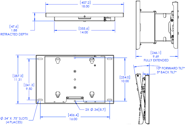 Technical Drawing of Chief MPT 6000 Medium Swing Arm Wall Mount