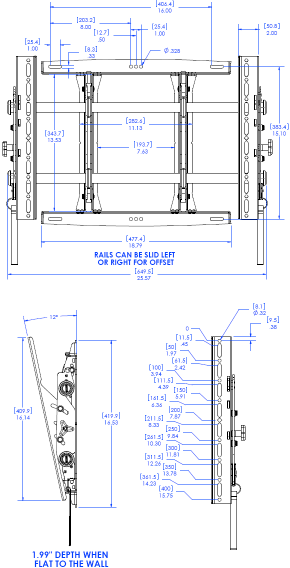 Technical Drawing for Chief MTMU FUSION Adjustable Tile Video Wall Mount