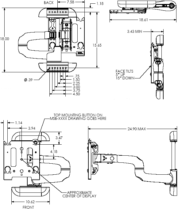 Technical Drawing for Chief MWHUS or MWHUB Flat Panel Swing Arm Wall Mount up to 42" Displays
