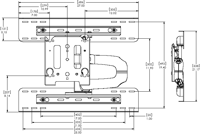 Technical Drawing for Chief MWRSKUB Flat Panel Steel Stud Swing Arm Wall Mount for 30" to 50" Displays