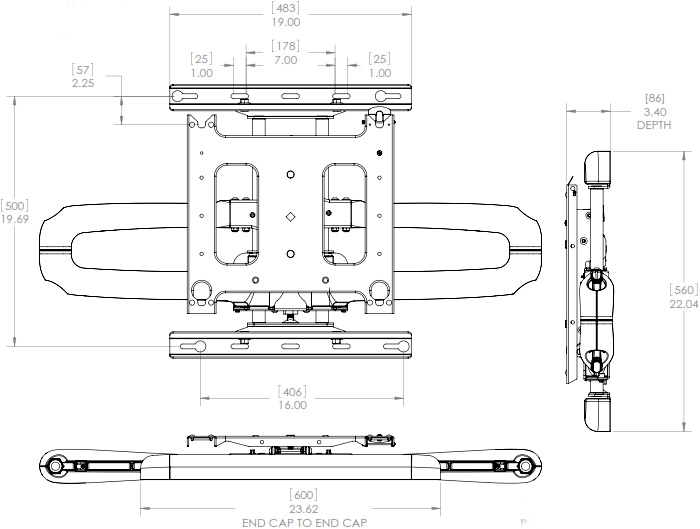 Technical Drawing of Chief PDR-2000 Large Swing Arm Wall Mount