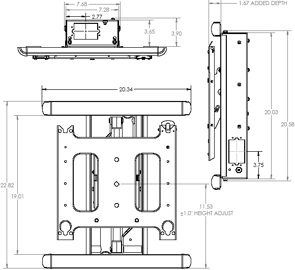 Technical Drawing of Chief PIWRF-2000 Large Low Profile In-Wall Swing Arm Mount