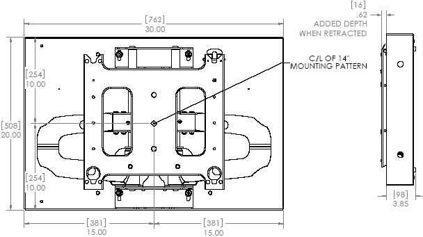 Technical Drawing of Chief PNRIW-2000 Large Low Profile In-Wall Swing Arm Mount