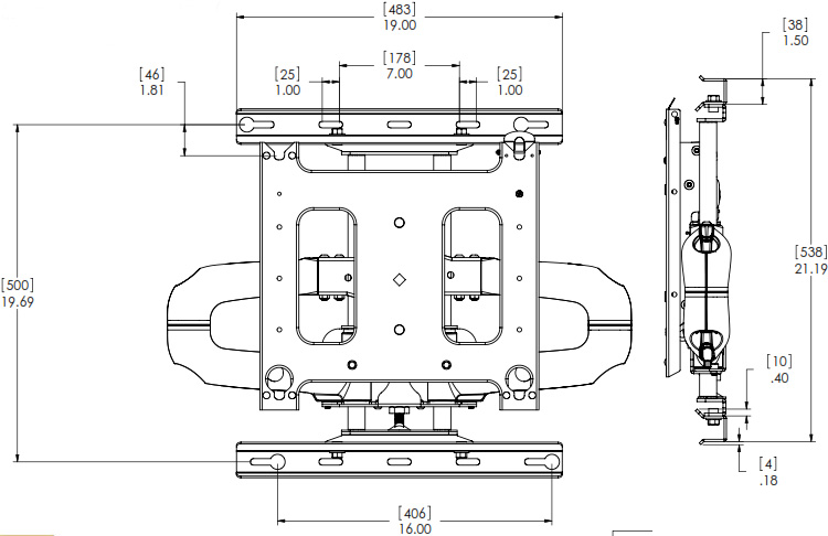 Technical Drawing of Chief PNR-2000 Large Swing Arm Wall Mount