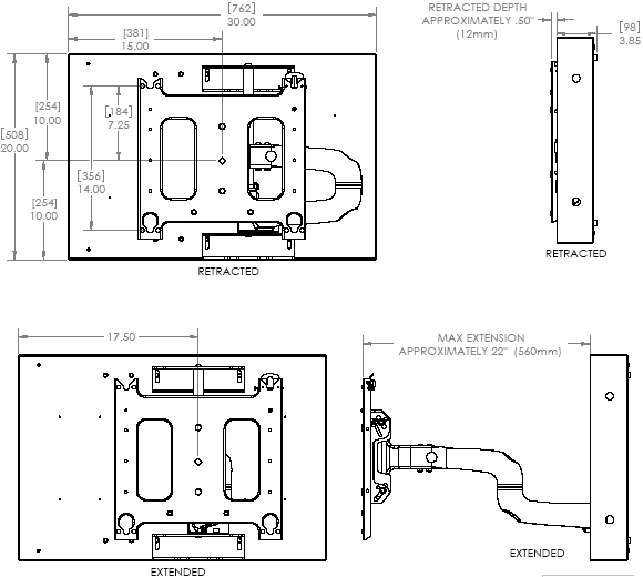 Technical Drawing for Chief PWRIWUB Large Flat Panel In-Wall Swing Arm Wall Mount for 37" to 55 " Displays