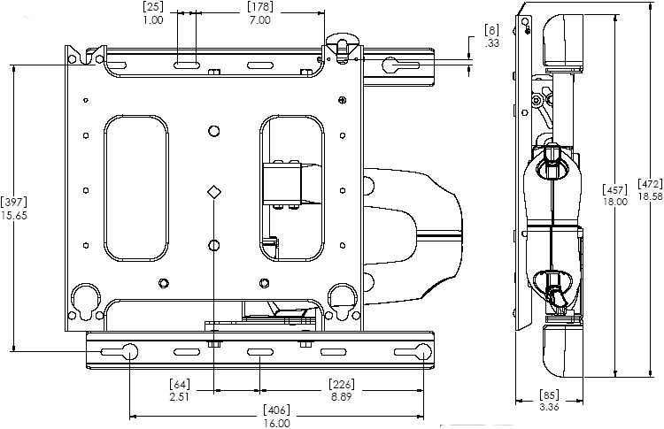 Technical Drawing of Chief PWR-2000 Large Swing Arm Wall Mount