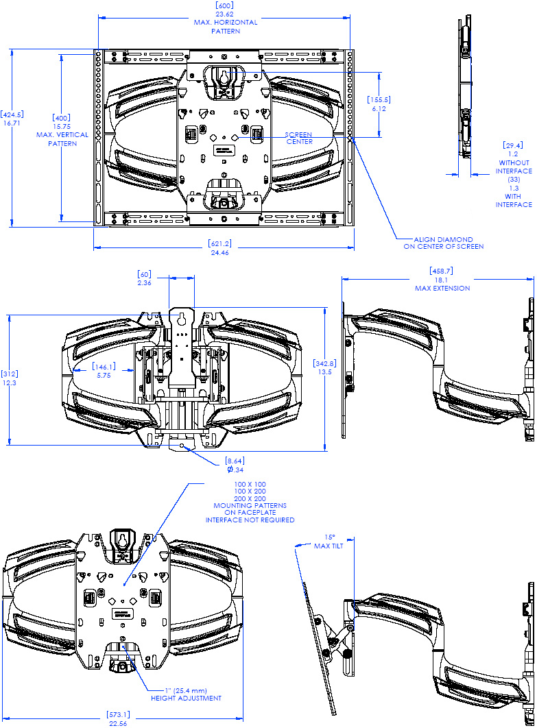 Technical Drawing of Chief TS-318SU Medium Thinstall Dual Swing Arm Wall Mount