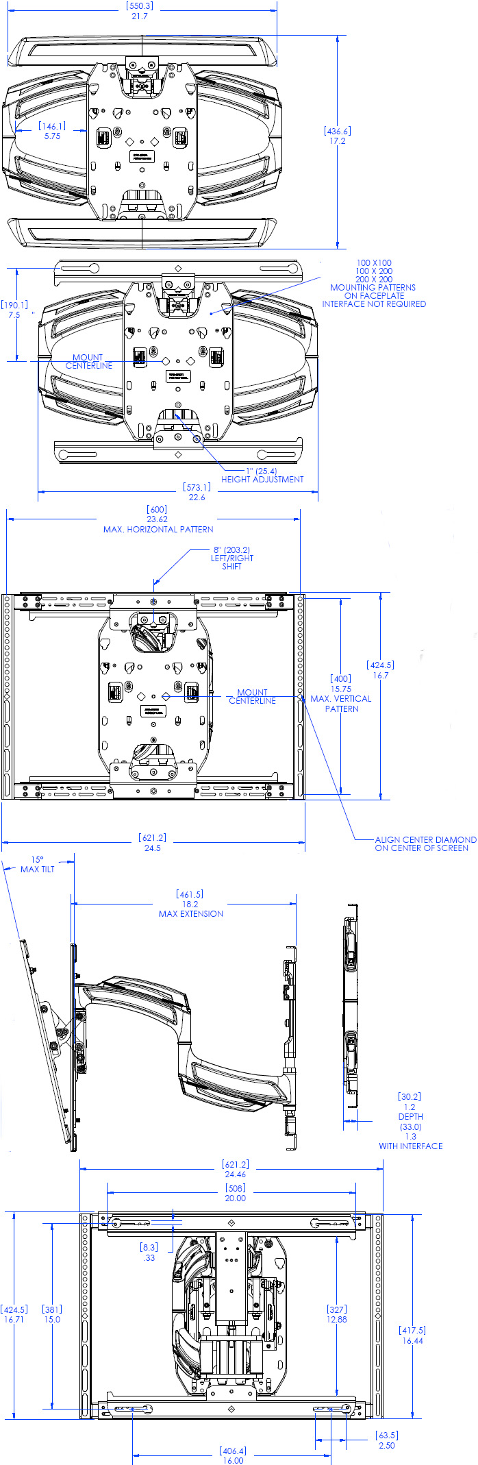 Technical Drawing of Chief TS-318TU Medium Thinstall Dual Swing Arm Wall Mount