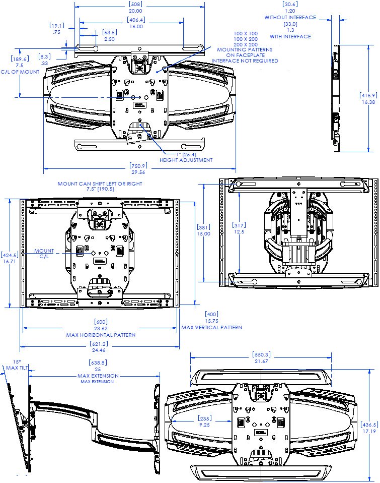 Technical Drawing of Chief TS-325TU Medium Thinstall Dual Swing Arm Wall Mount