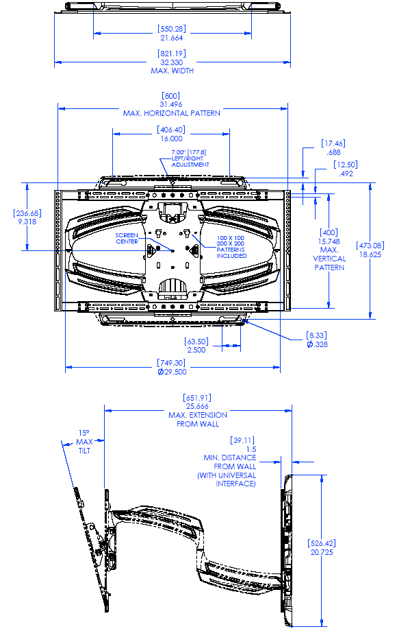Technical Drawing for Chief TS525TU Thin stall, Light Weight, Full Swing Wall Mount Arm for 37" to 58" Displays