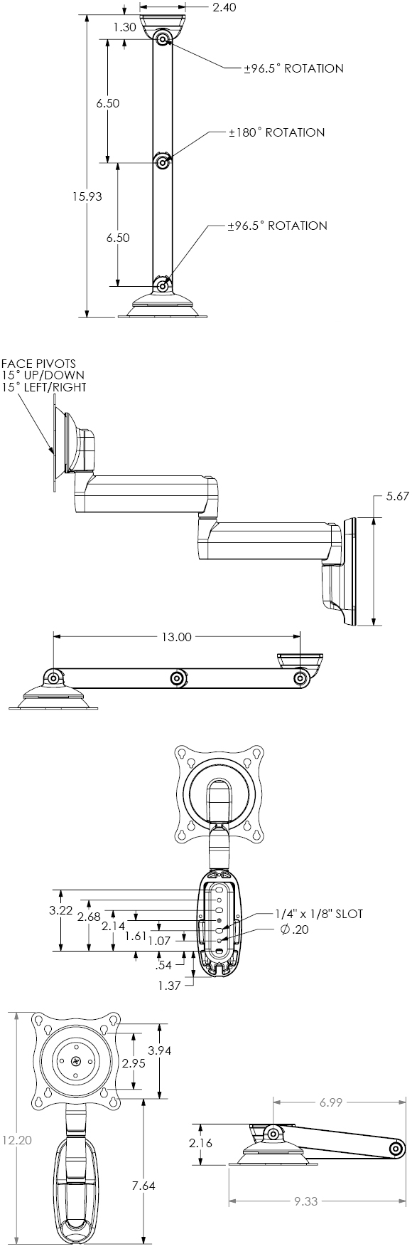 Technical Drawing for Chief FWD Wall Mount Flat Panel Dual Swing LCD Arm