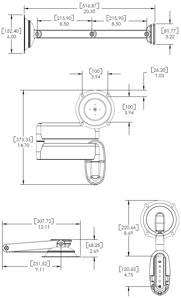 Technical Drawing for Chief JWDVB Wall Mount Flat Panel Dual Swing LCD Arm
