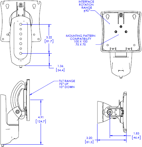 Technical Drawing for Chief Kontour Wall Mount with Extreme Tilt Pitch/Pivot - K0W100B or K0W100S