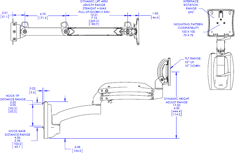 Technical Drawing for Chief Kontour K1S Dynamic Slat-Wall Mount, 1 Monitor - K1S120