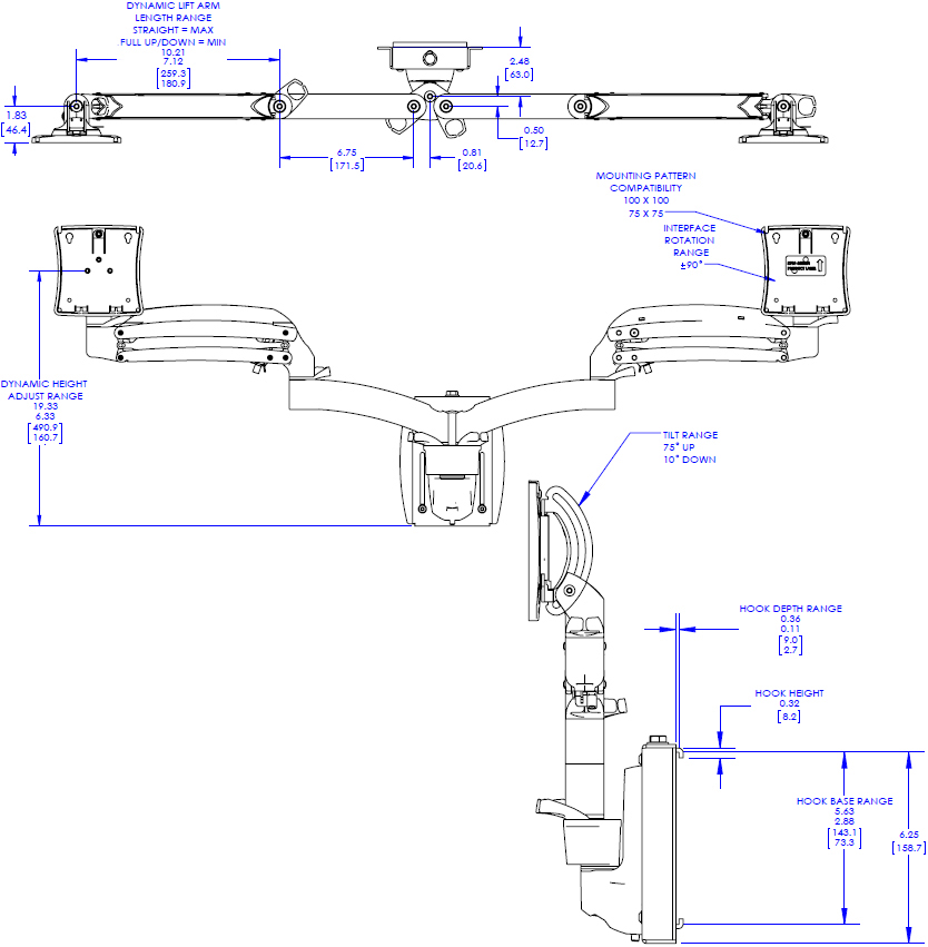 Technical Drawing for Chief Kontour Dynamic Slat-Wall Mount, 2 Monitors K1S220B or K1S220S