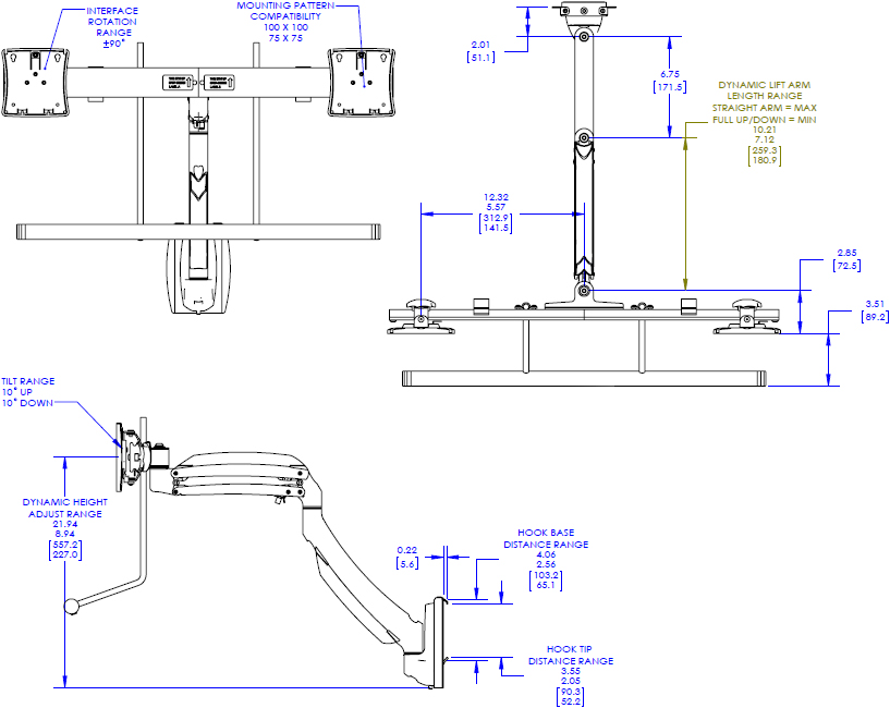 Technical Drawing for Chief Kontour Dynamic Slat-Wall Mount, Dual Monitor Array K1S22H