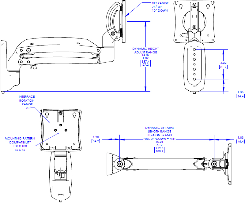 Technical Drawing for Chief Kontour Dynamic Wall Mount, 1 Monitor - K1W110B or K1W110S