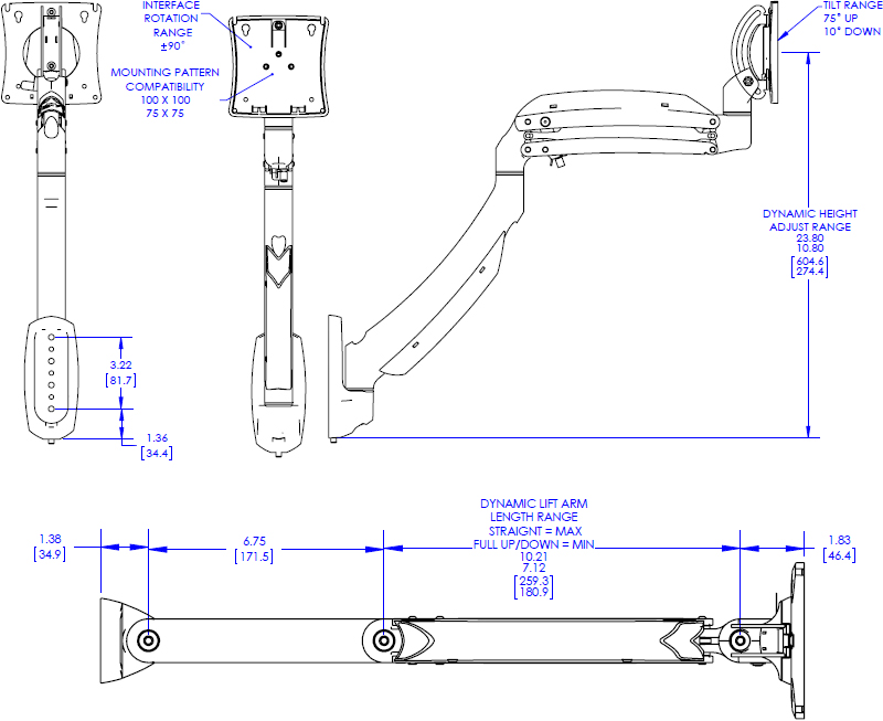 Technical Drawing for Chief Kontour Dynamic Wall Mount, 1 Monitor - K1W120