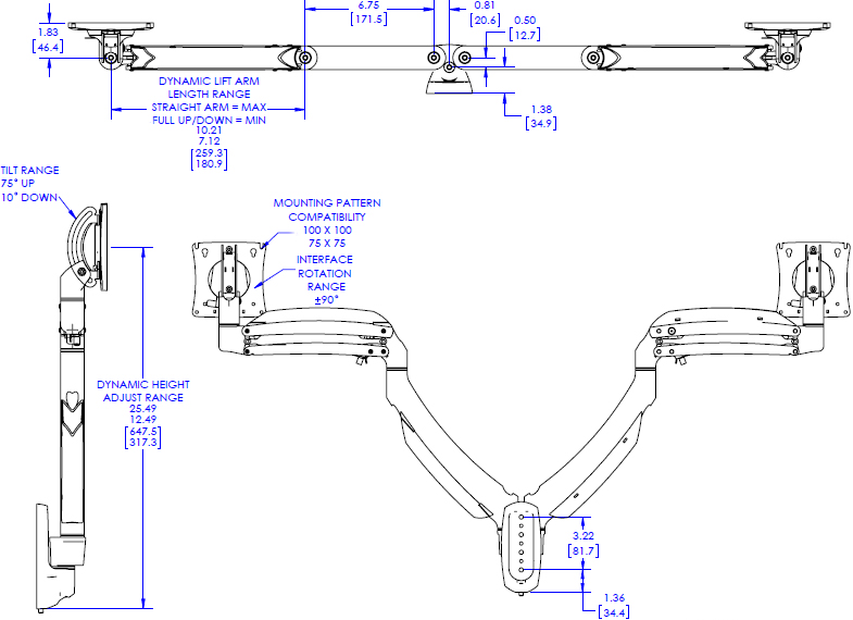 Technical Drawing for Chief Kontour Dynamic Wall Mount, 2 Monitors K1W220B or K1W220S