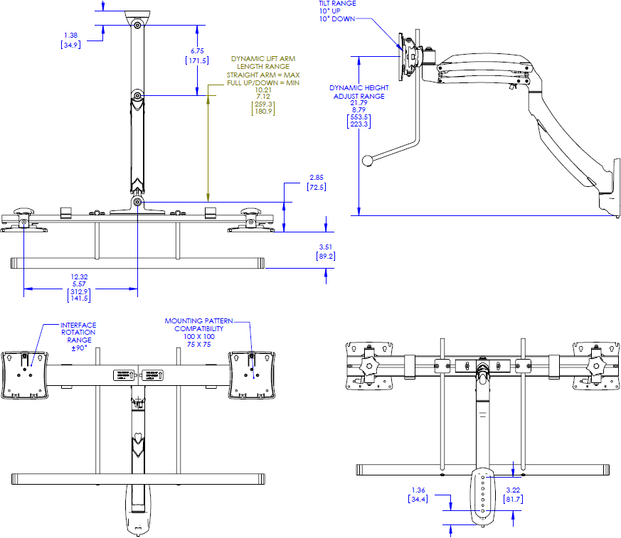 Technical Drawing for Chief Kontour Dynamic Wall Mount, Dual Monitor Array K1W22HB or K1W22HS