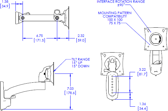 Technical Drawing for Chief Kontour Wall Mount Swing Arm, Single Monitor - K2W110B or K2W110S