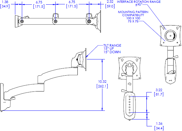 Technical Drawing for Chief Kontour Wall Mount Swing Arm, 1 Monitor - K2W120B or K2W120S