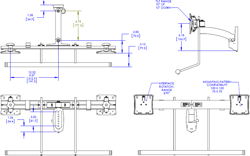 Technical Drawing for Chief Wall Mount Swing Arm, Dual Monitor Array K2W21HB or K2W21HS