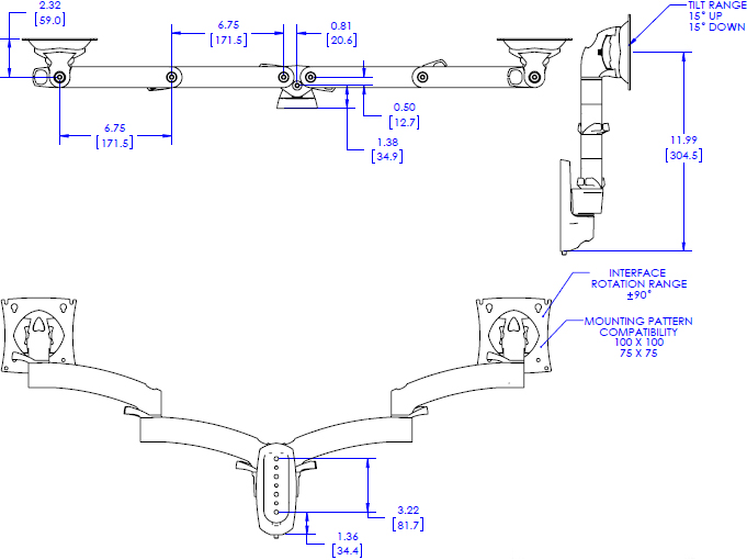 Technical Drawing for Chief Kontour Wall Mount Swing Arm, 2 Monitors K2W220B or K2W220S