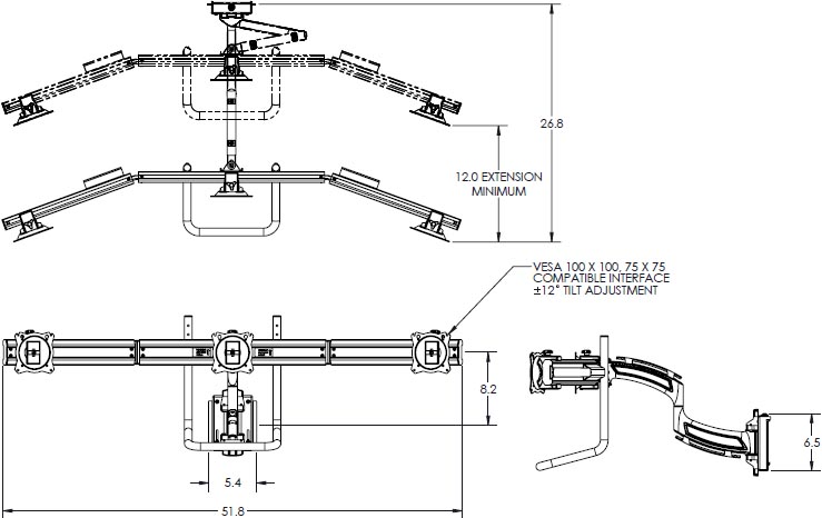 Technical Drawing for Chief K4S310B Kontour 3x1 Focal Depth-Adjustable Array, Slat-Wall