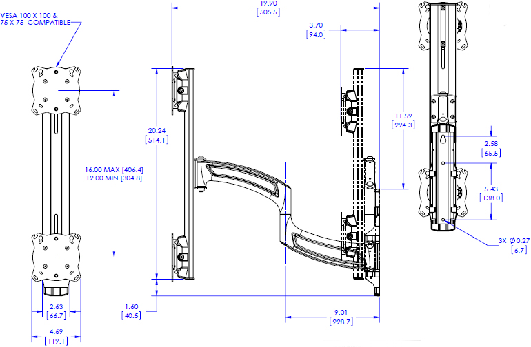 Technical Drawing for Chief K4W120B 1x2 Vertical Focal Depth-Adjustable Array, Wall Mounted