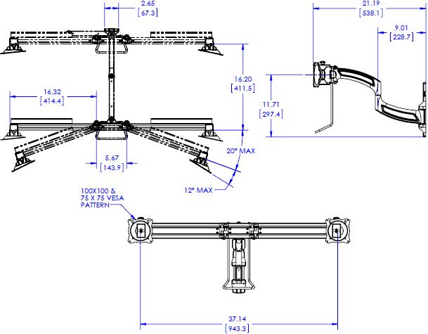 Technical Drawing for Chief K4W210B KONTOUR K4 2x1 Wall Mounted Array - Horizontal