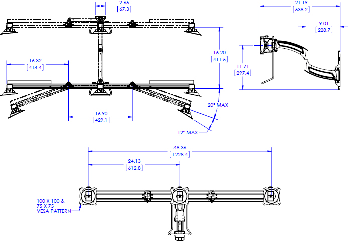 Technical Drawing for Chief K4W310B KONTOUR K4 3x1 Wall Mounted Array - Horizontal