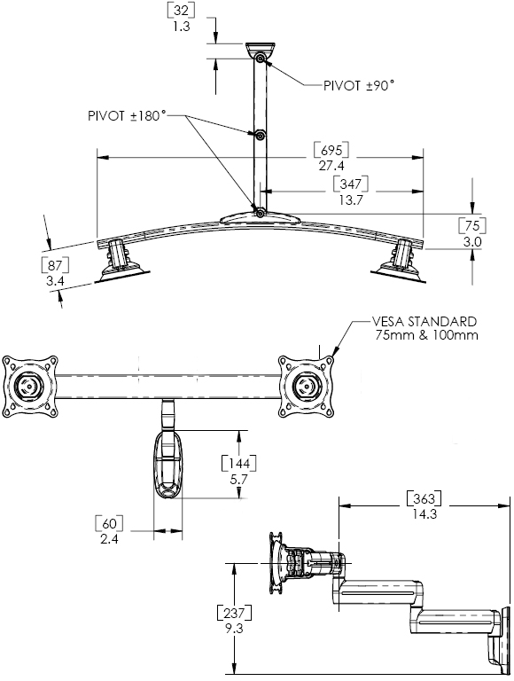Technical Drawing for Chief KWD220B or KWD220S Wall Mount Flat Panel Dual Horizontal Monitor LCD Arm