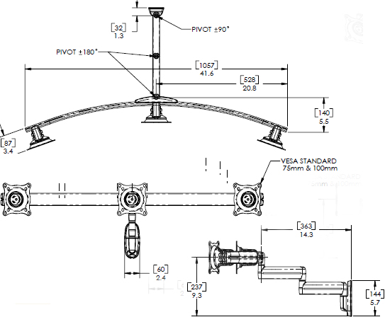 Technical Drawing for Chief Dual Arm Wall Mount, Triple Monitor KWD320B or KWD320S