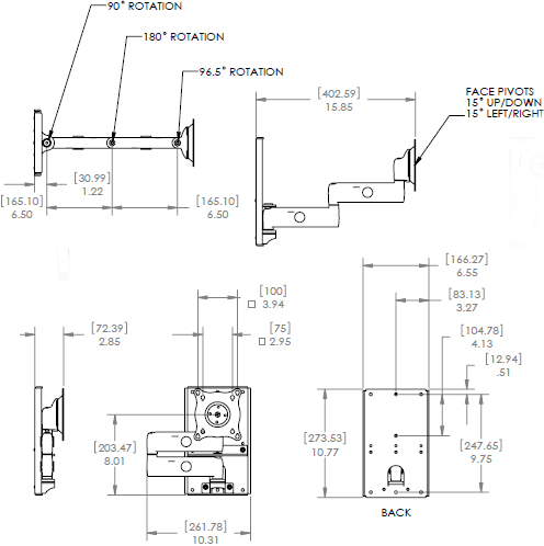 Technical Drawing for Chief Dual Arm Metal Stud Wall Mount KWDSK110