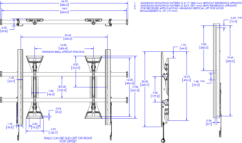 Technical Drawing for Chief LSM1U Large Fusion Micro-Adjustable Fixed Wall Display Mount