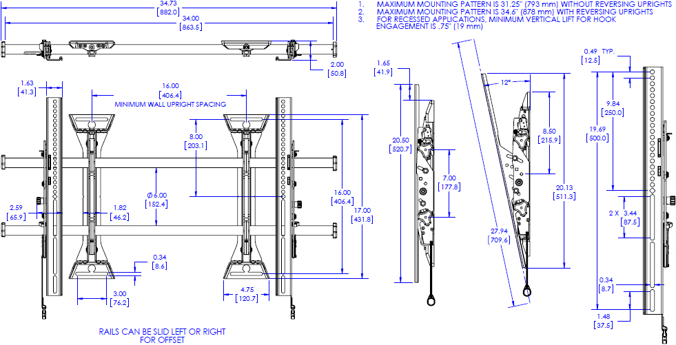 Technical Drawing for Chief LTM1U Large Fusion Micro-Adjustable Tilt Wall Mount (42-86