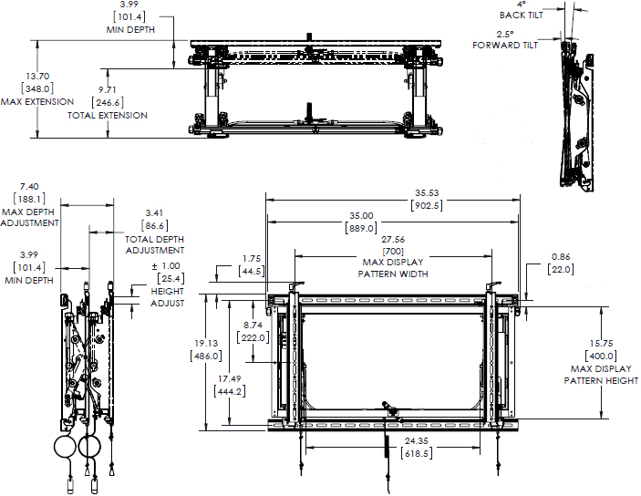 Technical drawing for Chief LVS1U Video Wall Landscape Mounting System with Rails