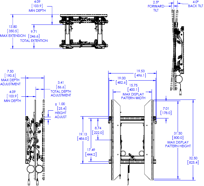 Technical drawing for Chief LVS1UP Video Wall Portrait Mounting System with Rails