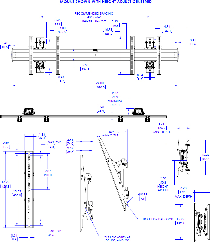 Technical Drawing for Chief LWM2X1U Fusion Large 2x1 Wall Menu Board