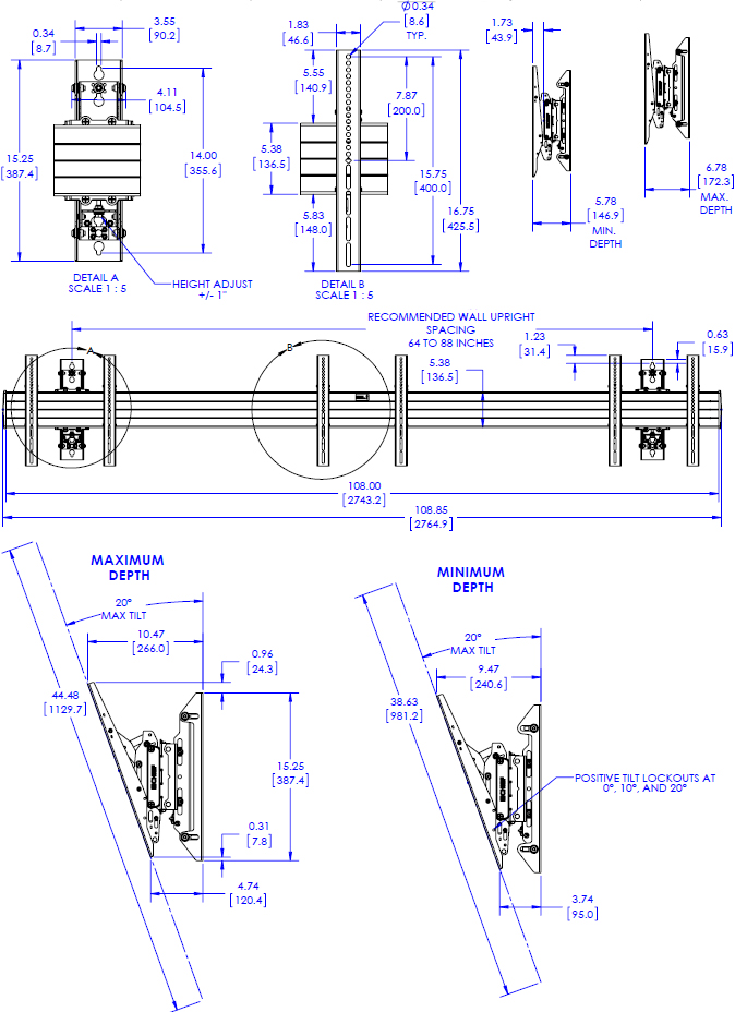 Technical Drawing for Chief LWM3X1U Fusion Large Wall 3X1 Menu Board